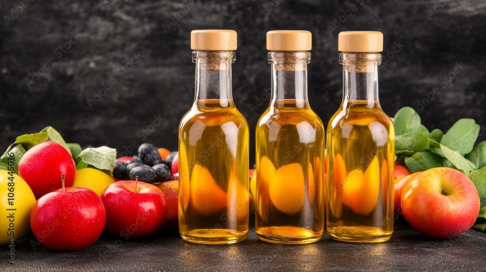 Tres botellas de vidrio con aceite y frutas frescas como manzanas y uvas en un fondo oscuro. Composición natural y saludable.
Tres botellas de vidrio con aceite y frutas frescas como manzanas y uvas en un fondo oscuro. Composición natural y saludable.