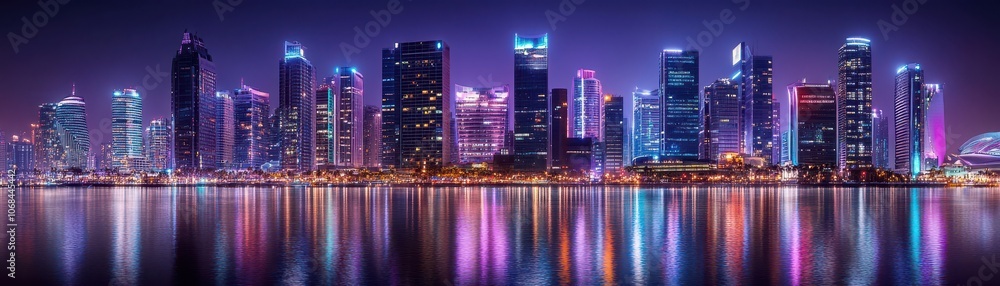 Naklejka premium Vibrant sparkling city skyline at night, showcasing dazzling lights and urban beauty.