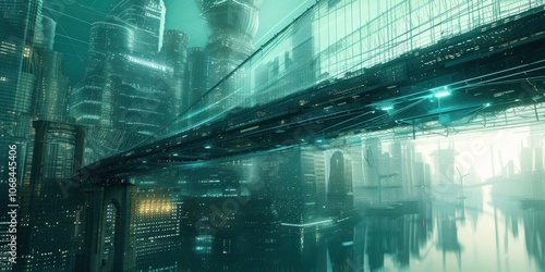 Wallpaper Mural Urban Dreams Within a Cyber Cityscape, Serenity and Intrigue Amidst Futuristic Architecture, A World of Possibility Effortlessly Suspended in Blue. Torontodigital.ca