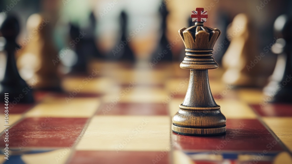 Wooden chess pieces on checkered board with prominent king Wooden chess pieces on checkered board with prominent king