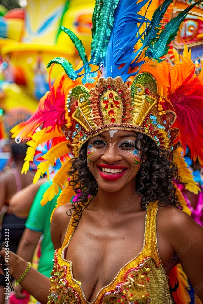 Woman in vibrant carnival costume smiling during festival celebration Woman in vibrant carnival costume smiling during festival celebration