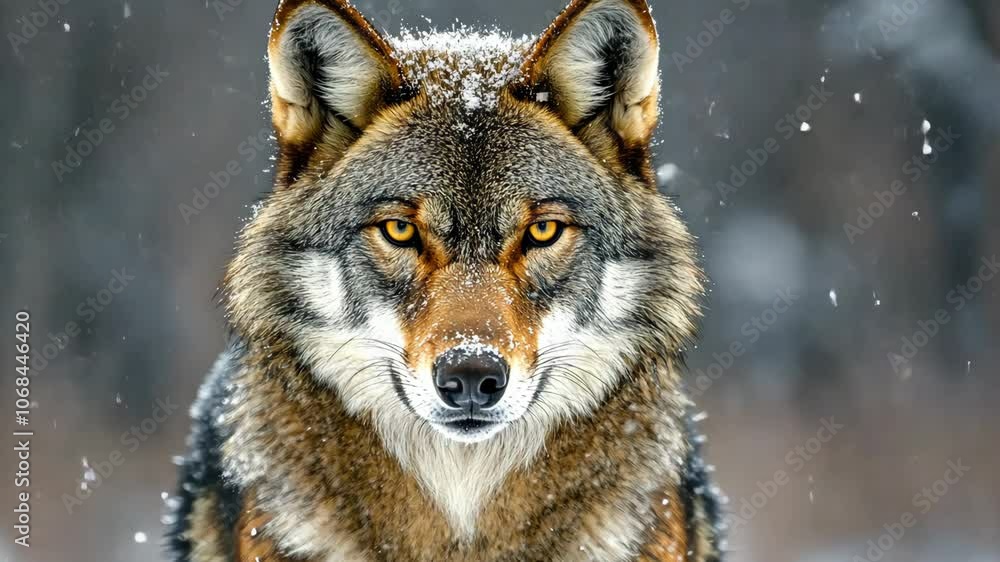 A wolf stares intensely into the camera, its fur dusted with snow A wolf stares intensely into the camera, its fur dusted with snow
