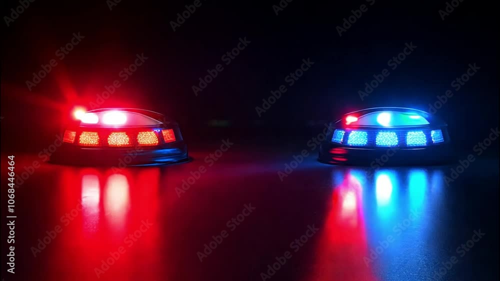 Bright police car lights shining in the dark, creating a dramatic and intense atmosphere Bright police car lights shining in the dark, creating a dramatic and intense atmosphere