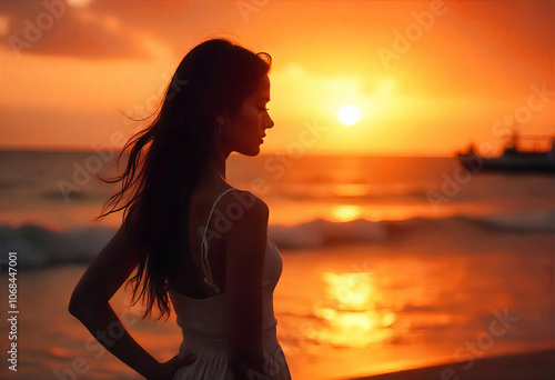 Silhouette of a woman against the sunset sky by the sea