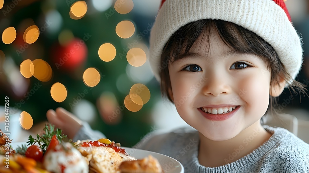 Naklejka premium Joyful Multicultural Family Gathering Celebrating the Holidays with Traditional Foods and Festive Decor A young smiling girl with winter clothes in a cozy indoor setting with a Christmas tree
