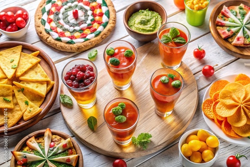 Darts on a White Background - Captivating Food Photography with a Focus on Colorful Dartboards, Snacks, and Refreshing Drinks for Social Gatherings photo