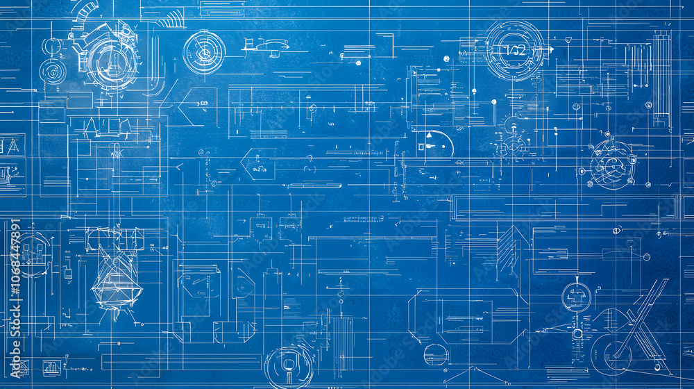 Fototapeta premium Abstract digital blueprint design with lines, circles, and arrows on a blue background.