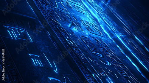 Abstract blue light streaks over ancient Egyptian hieroglyphs.