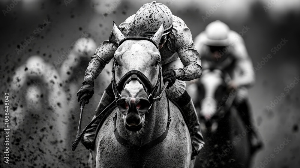 A thrilling black and white image captures a jockey riding a galloping racehorse, dirt flying dramatically as the horse powers forward on a muddy track. A thrilling black and white image captures a jockey riding a galloping racehorse, dirt flying dramatically as the horse powers forward on a muddy track.