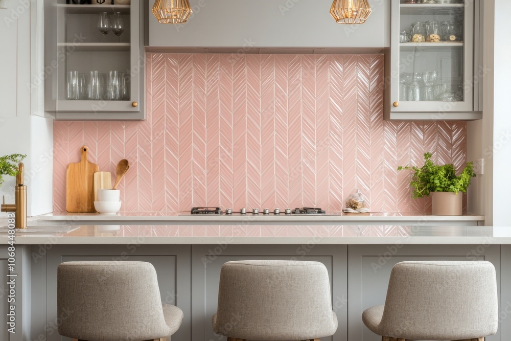 Modern Kitchen with Pink Herringbone Tile Backsplash and Grey Cabinetry Modern Kitchen with Pink Herringbone Tile Backsplash and Grey Cabinetry