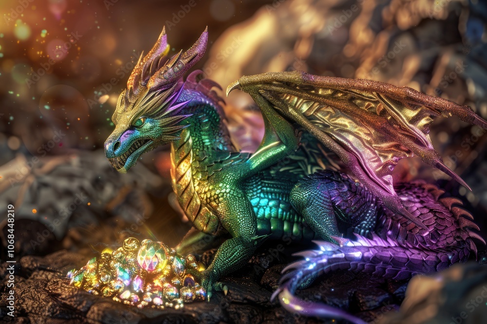 Obraz premium A Multicolored Dragon Guarding A Treasure Pile of Gems