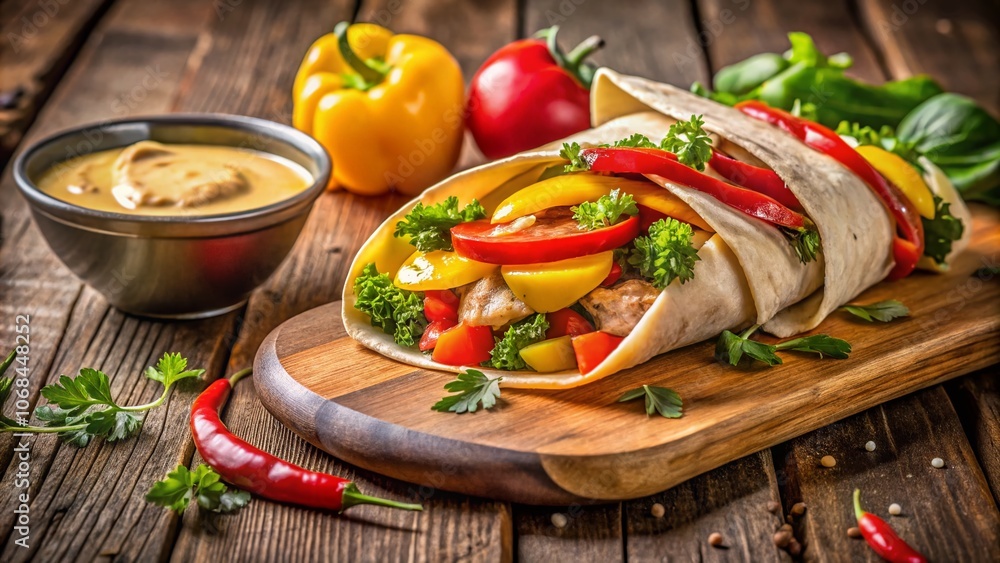 Delicious Chicken Steak Pita with Yellow Hummus and Peppers - Trendy Food Photography Delicious Chicken Steak Pita with Yellow Hummus and Peppers - Trendy Food Photography