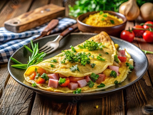 Delicious Candid Photography of a Cheesy Ham Omelet on a Rustic Wooden Table, Perfect for Breakfast Lovers and Food Enthusiasts, Capturing the Essence of Comfort Food and Culinary Delight