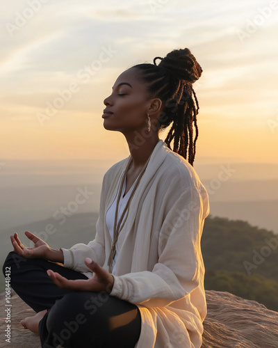 A Black woman sits peacefully on a mountain peak, meditating with closed eyes as the sun rises, surrounded by breathtaking natural beauty and tranquility