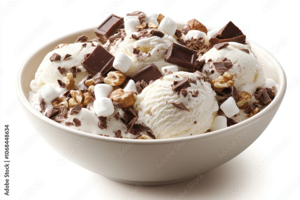 A bowl of rocky road ice cream with marshmallows, nuts, and chocolate chunks. A bowl of rocky road ice cream with marshmallows, nuts, and chocolate chunks.