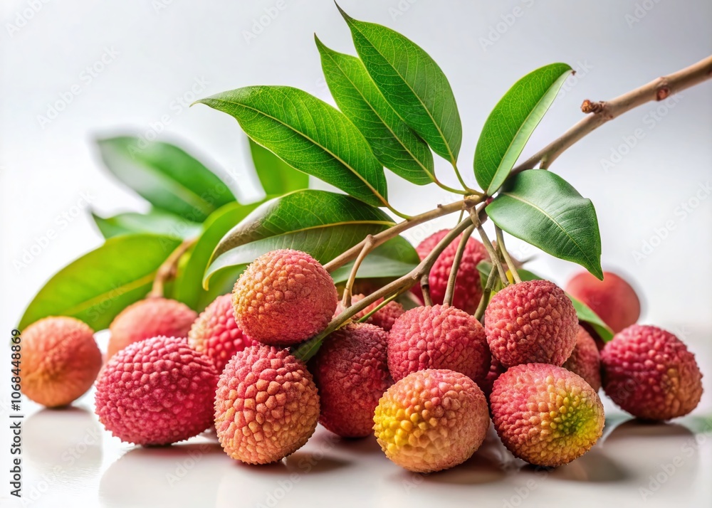 Surrealistic Fresh Lychee Branch Artistry on a Pure White Background, Capturing the Essence of Nature's Tropical Delights with a Dreamlike Aesthetic for Unique Visual Appeal Surrealistic Fresh Lychee Branch Artistry on a Pure White Background, Capturing the Essence of Nature's Tropical Delights with a Dreamlike Aesthetic for Unique Visual Appeal