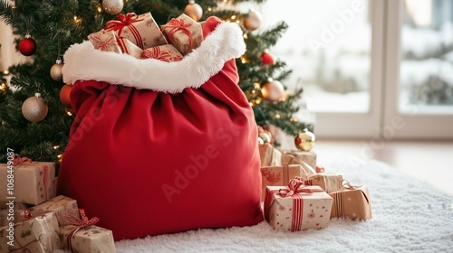 Large opened red Santa Claus's bag with lots of gifts stands under the Christmas tree. Festive christmas card, holiday wallpaper, background, backdrop, poster, banner photo