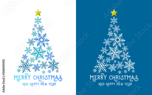 Christmas tree made of blue snowflake shapes and golden star. Abstract Merry Christmas and Happy New Year greeting card design.