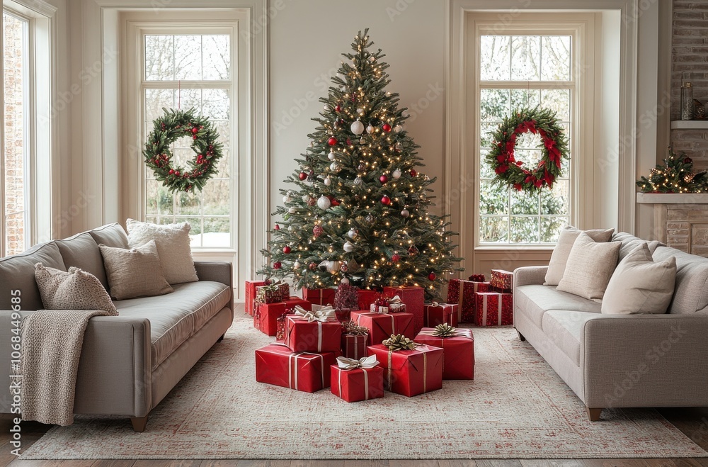 Cozy living room adorned for Christmas with a festive tree and beautifully wrapped presents beneath Cozy living room adorned for Christmas with a festive tree and beautifully wrapped presents beneath