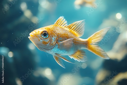 A single, vibrant yellow fish swims in a clear blue aquarium, with its fins and tail spread wide.