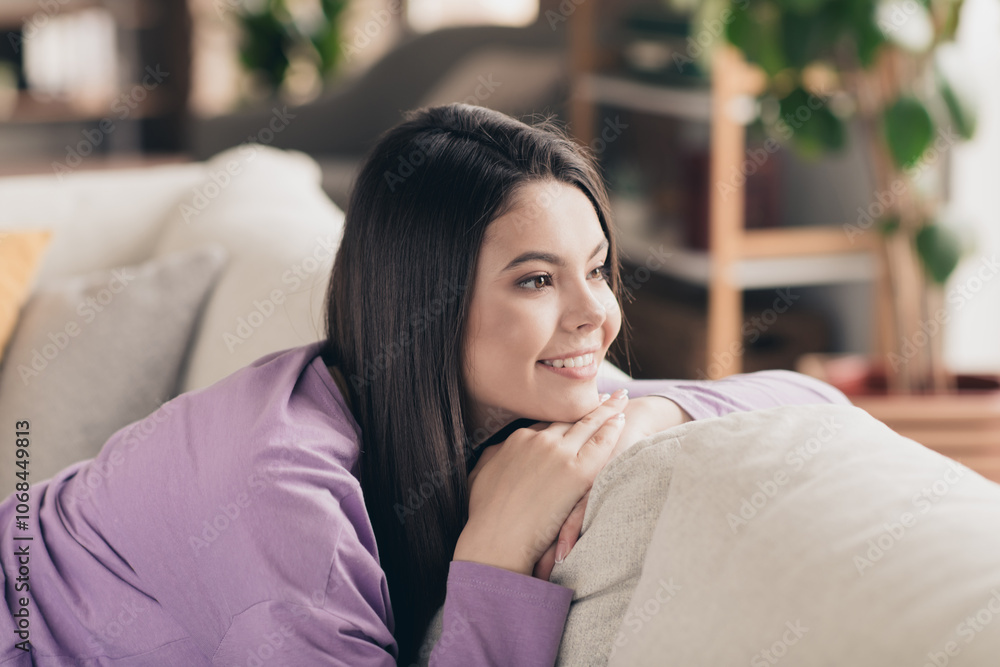 Photo of nice young teen girl look dreamy empty space wear violet clothes enjoy modern cozy bright interior flat indoors Photo of nice young teen girl look dreamy empty space wear violet clothes enjoy modern cozy bright interior flat indoors