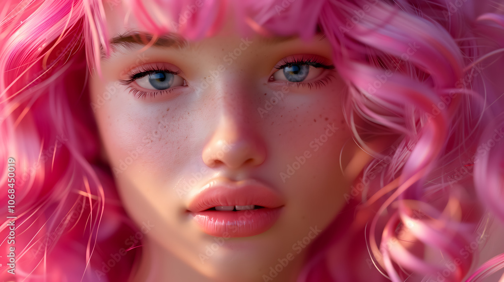 Close-up of a young girl with curly pink hair Close-up of a young girl with curly pink hair