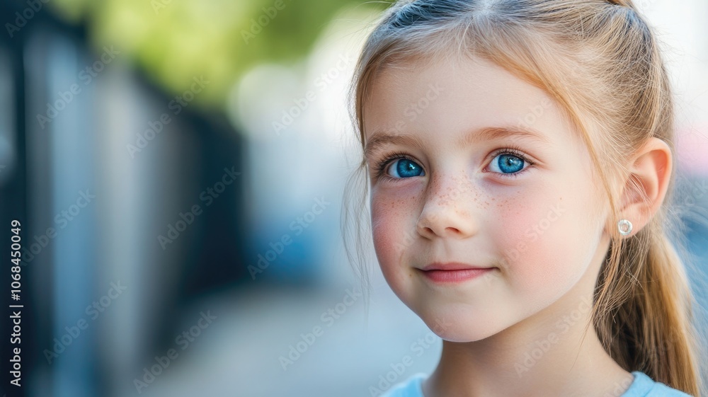 Young Caucasian girl with blue eyes and blonde hair smiling, outdoors background Young Caucasian girl with blue eyes and blonde hair smiling, outdoors background