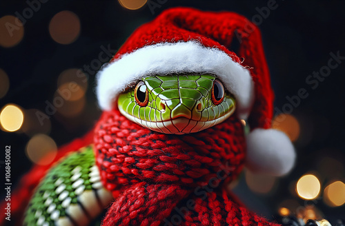 Festive snake wearing a Santa hat and scarf