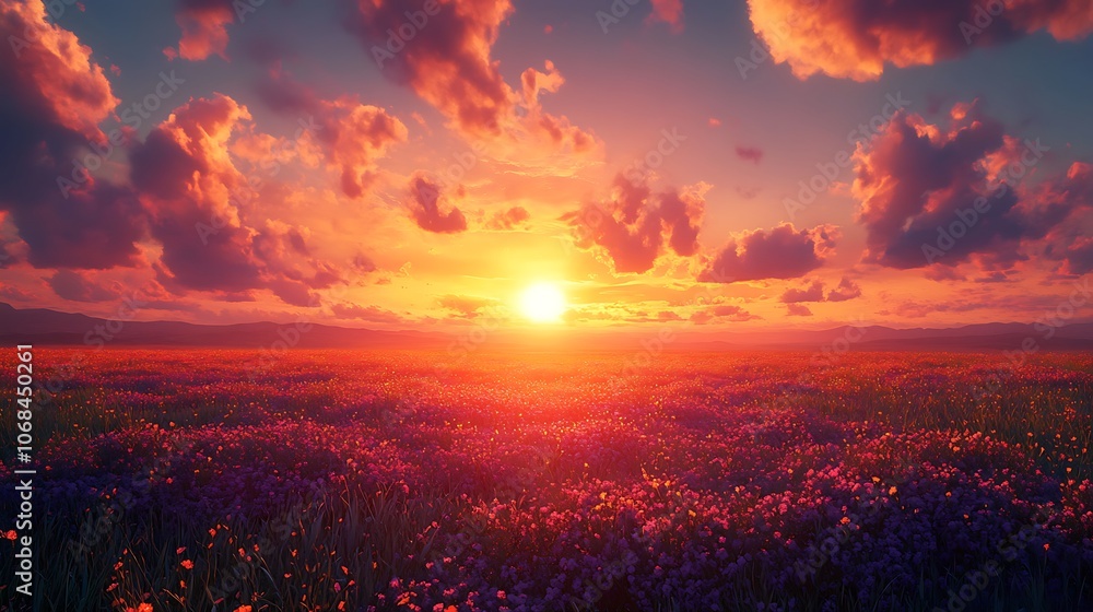 Sunset illuminates vibrant flower field in nature Sunset illuminates vibrant flower field in nature