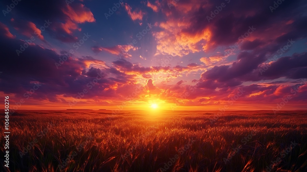 Fototapeta premium Nature showcases breathtaking sunset over fields