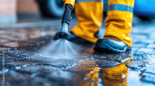 A person in yellow waterproof gear uses a pressure washer on wet pavement, showcasing the cleaning process, focus on water spray action, and equipment efficiency.