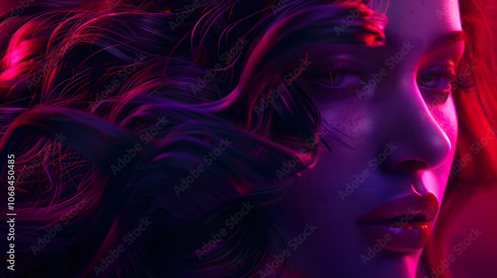 Mysterious portrait with intense red and purple neon lighting Mysterious portrait with intense red and purple neon lighting