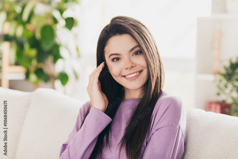 Photo of nice young teen girl dreamy cute look camera wear violet clothes enjoy modern cozy bright interior flat indoors