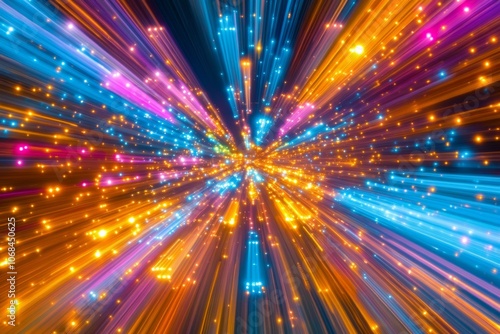 Vibrant Light Burst: A Stunning Display of Colorful Rays and Sparkling Particles Creating an Energetic, Futuristic Atmosphere