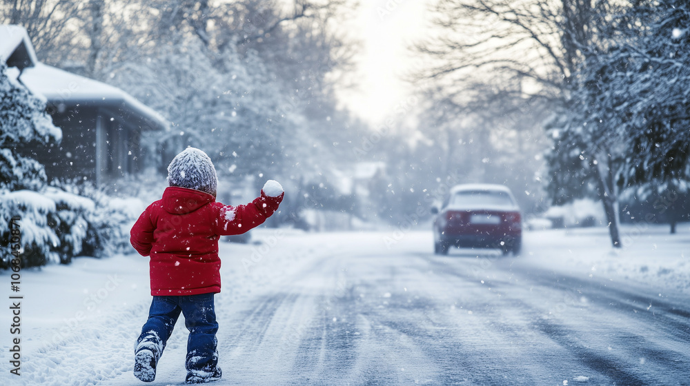Child joyfully throwing a snowball on a snowy road next to a parked car in winter, kids play on the road