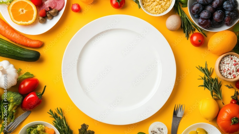 custom made wallpaper toronto digitalA blank plate surrounded by various fresh fruits and vegetables on a vibrant yellow background.