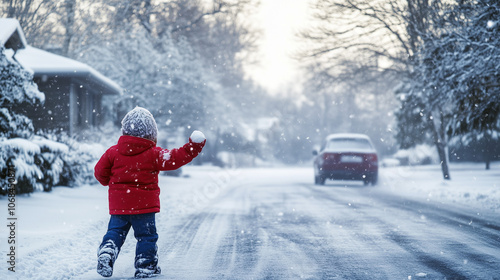 Obraz na płótnie Child joyfully throwing a snowball on a snowy road next to a parked car in winter, kids play on the road w salonie