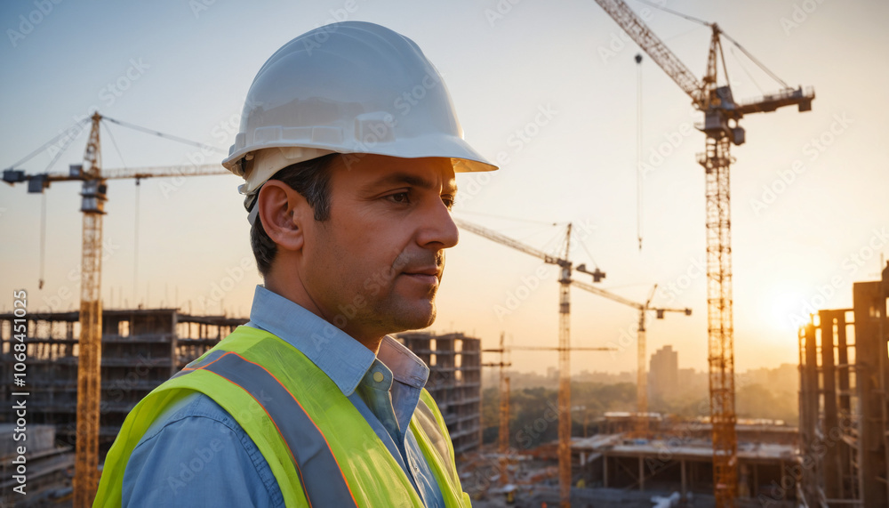 A civil engineer on a construction site, wearing a white helmet and full protective gear, carefully inspecting the progress of construction; the setting sun A civil engineer on a construction site, wearing a white helmet and full protective gear, carefully inspecting the progress of construction; the setting sun