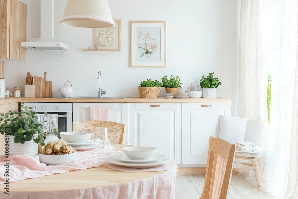 Fototapeta premium A Minimalist Kitchen with a Pink Tablecloth and White Cabinets