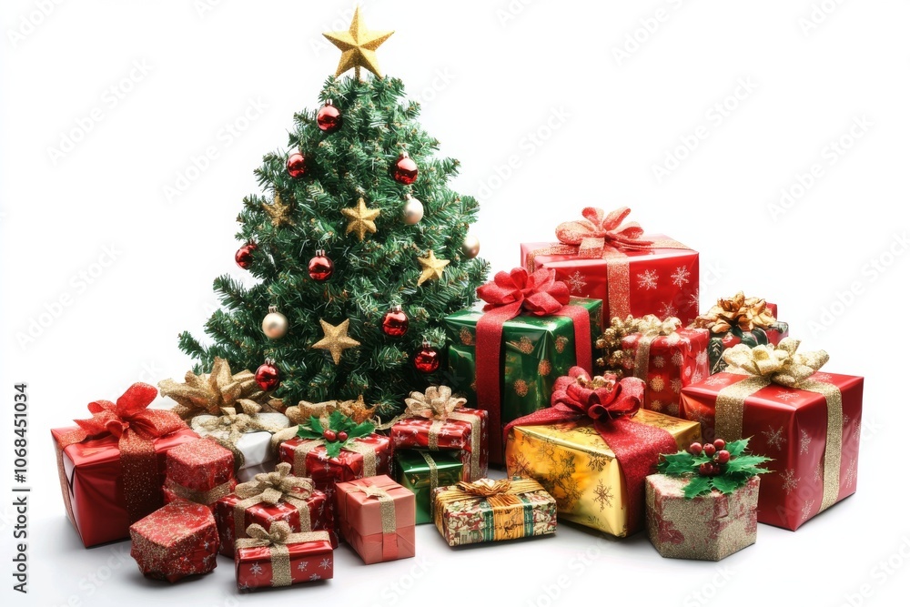 Christmas border with gifts, a tree, and stars on a white background. Christmas border with gifts, a tree, and stars on a white background.