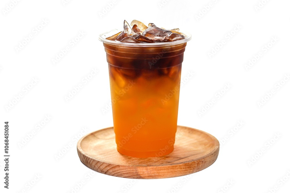 Ready for drink Americano mix orange juice served on wooden plates in isolated concept and white background. Ready for drink Americano mix orange juice served on wooden plates in isolated concept and white background.