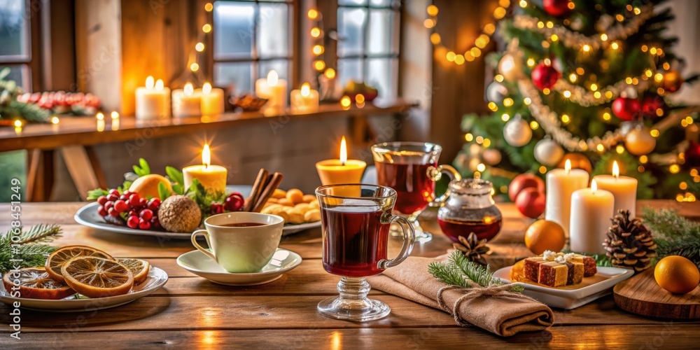 Fototapeta premium Festive Table Setting with Christmas Hot Drinks, Mulled Wine, Cocoa Cocktails, and Sweet Holiday Meals Perfect for New Year Celebrations and Cozy Gatherings