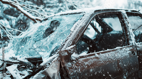 A car crushed under heavy snow and ice after a winter storm in an abandoned area