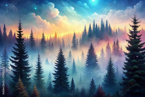 Surreal Silhouettes of Spruce Fir Trees: Hand-Drawn Vector Sketches in Ethereal Landscapes for Creative Use in Nature-Inspired Designs and Illustrations