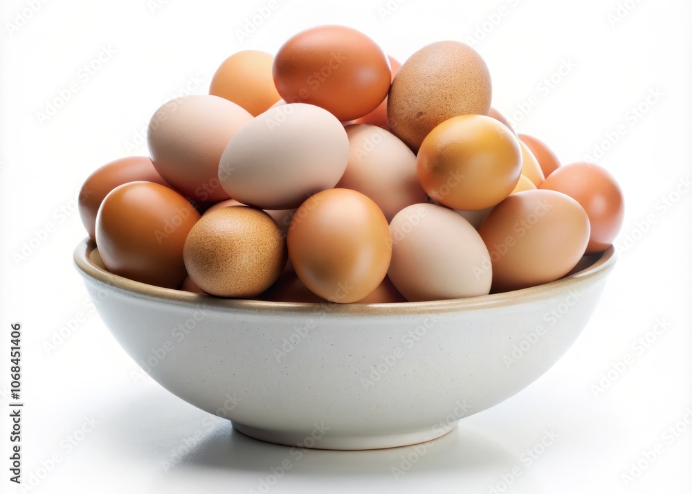Fresh Nature Chicken Eggs in a Bowl Isolated on White Background, Showcasing Their Natural Texture and Color, Perfect for Culinary and Farm Imagery in Stock Photography Fresh Nature Chicken Eggs in a Bowl Isolated on White Background, Showcasing Their Natural Texture and Color, Perfect for Culinary and Farm Imagery in Stock Photography