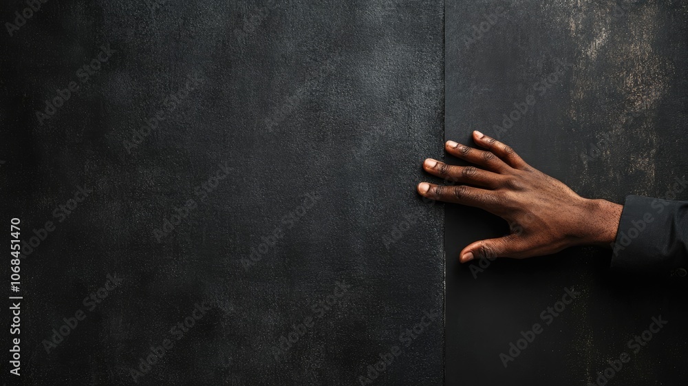 Naklejka premium Dark-skinned person touches textured black wall with hand, contrasting elements