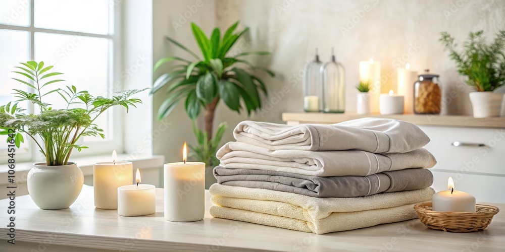 Freshly Folded Bedding Sheets in a Bathroom Setting with Ample Copy Space for Text or Branding Use Freshly Folded Bedding Sheets in a Bathroom Setting with Ample Copy Space for Text or Branding Use