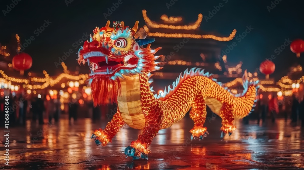Fototapeta premium Colorful dragon lantern at nighttime festival, illuminated with vibrant lights.