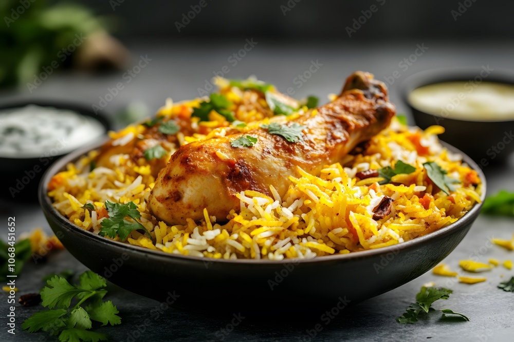 Delicious Bowl of Biryani with Juicy Chicken Leg Delicious Bowl of Biryani with Juicy Chicken Leg