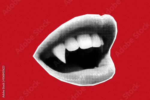 Open mouth with vampire fangs, creepy halloween, retro collage banner, paper cut lips on red background. Sharp teeth, bite.